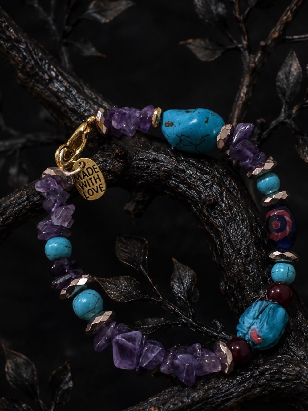 Genuine Turquoise & Amethyst Beaded Bracelet - Made With Love - Picture 3 of 3